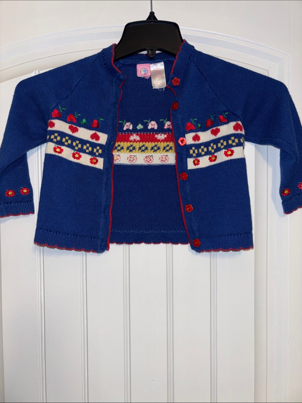 Girls' Vintage Duck Head Knit Cardigan 3T Blue With Heart and Floral Designs